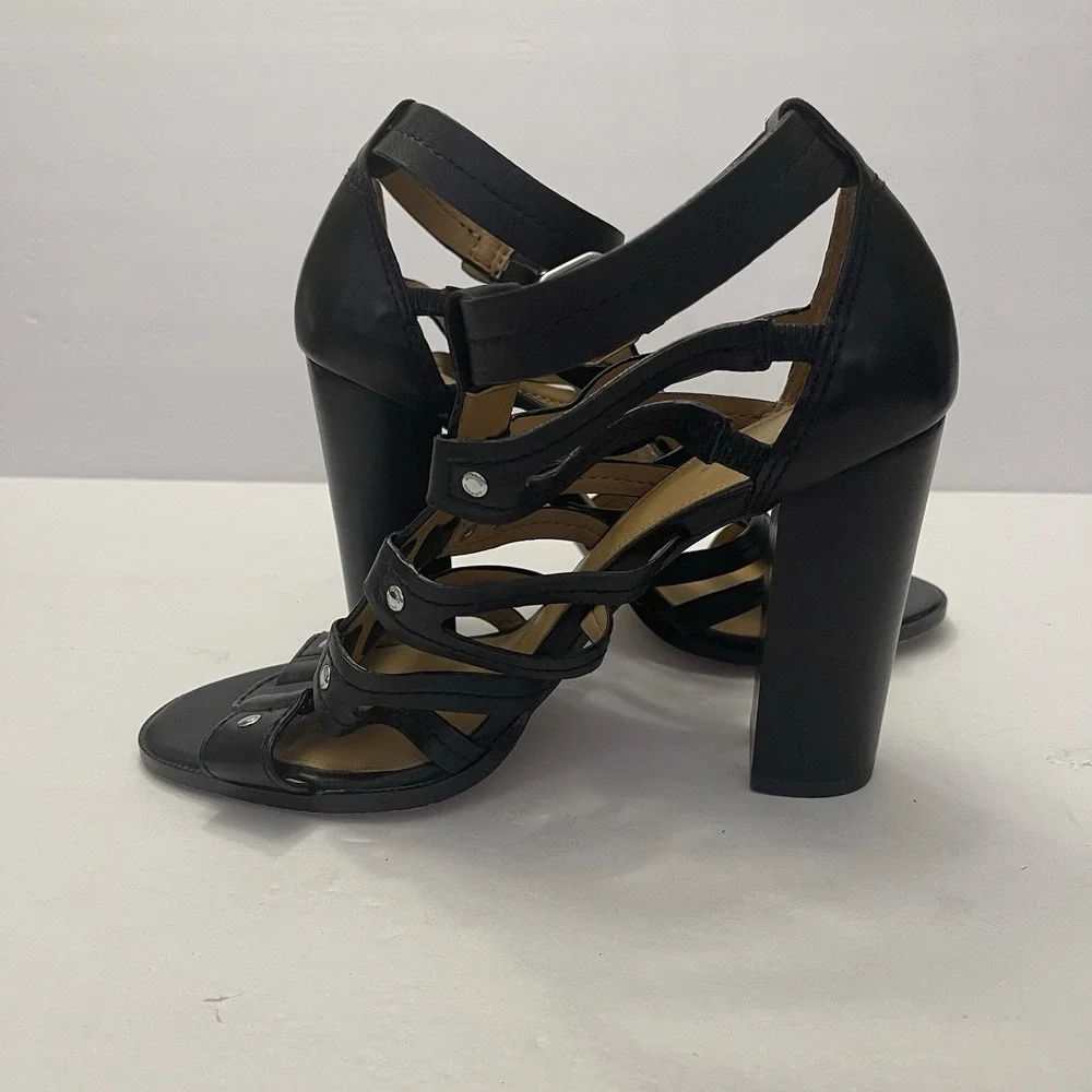 Coach Ginny Gladiator Black Leather Heels Sandals Womens 9.5 B Strappy Studded - Picture 6 of 10